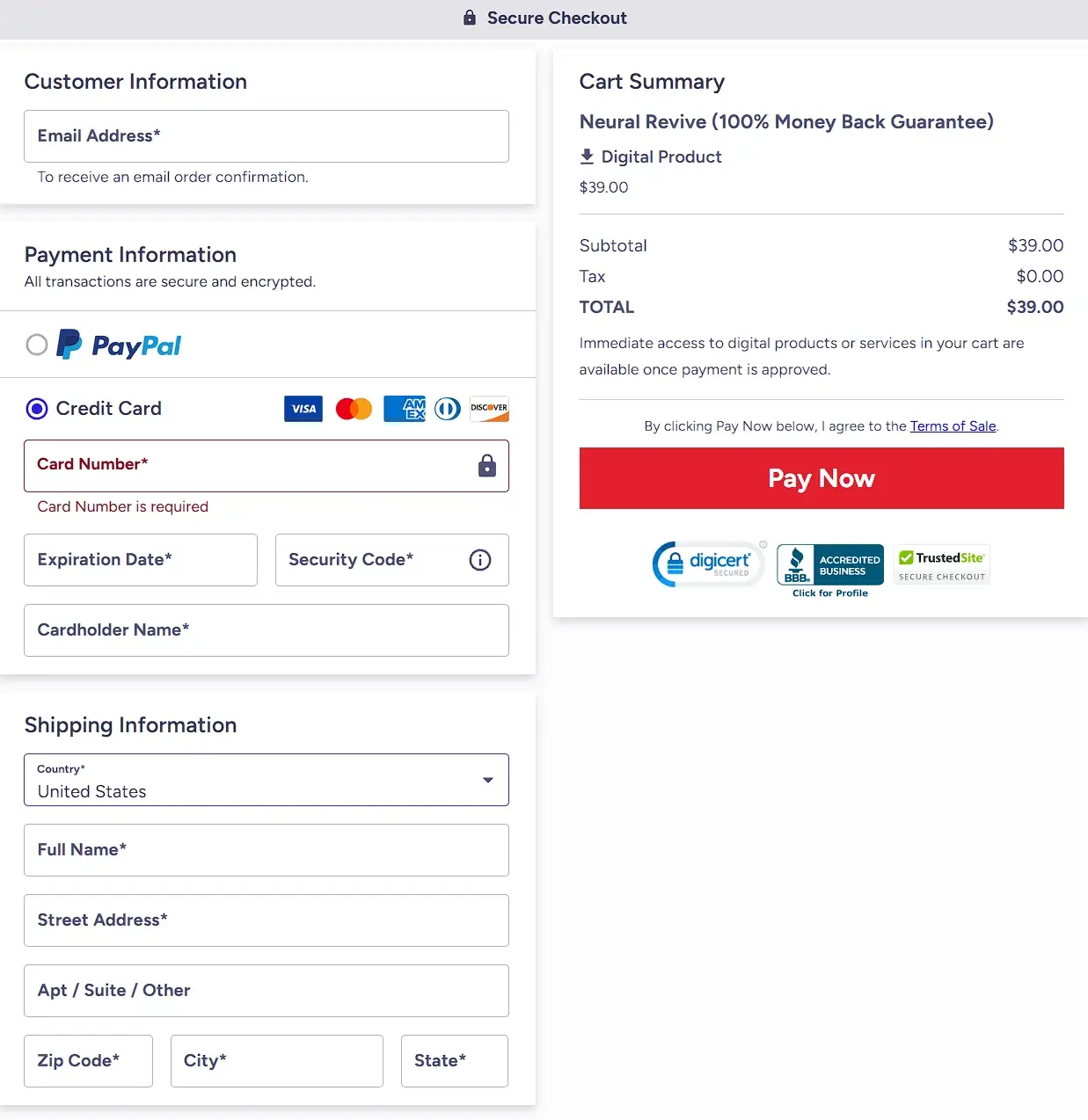 Neural Revive secure checkout page